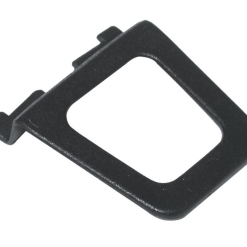 Product Named: Finger Tabs - A compact, rectangular black plastic accessory featuring an open center and two small tabs on one side, specifically designed for securing or attaching objects.