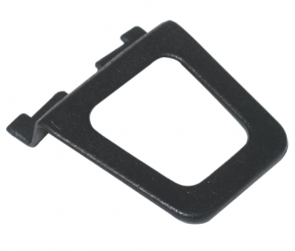 Product Named: Finger Tabs - A compact, rectangular black plastic accessory featuring an open center and two small tabs on one side, specifically designed for securing or attaching objects.