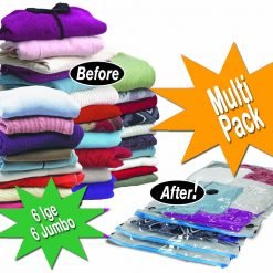 A vibrant stack of folded clothes labeled "Before" sits next to vacuum-sealed bags labeled "After." Starburst shapes display the text "Multi Pack" and "6 Large 6 Jumbo," showcasing the Vacuum Storage Bags from the Space Bag Storage line.