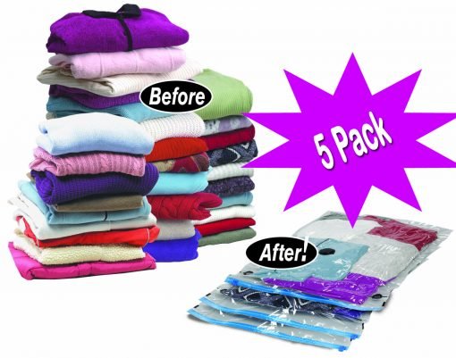 An image displays a stack of colorful folded clothes labeled "Before" alongside vacuum-sealed bags labeled "After," featuring a starburst sign that reads "Twin Pack 50 x 60cm." This image demonstrates space-saving using Vacuum Storage Bags Space Bag Storage.