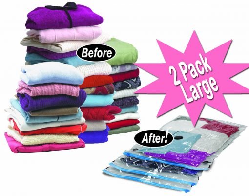 Before and after image featuring two stacks of folded clothes. The "Before" stack is tall and bulky, while the "After" stack is neatly compressed in a vacuum-sealed bag labeled "Vacuum Storage Bags Space Bag Storage bags Twin Pk 50 x 60cm.