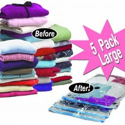 A stack of clothes is labeled "Before," and another compressed stack is labeled "After," using the Vacuum Storage Bags Space Bag Storage bags Twin Pk 50 x 60cm. A pink starburst highlights "5 Pack Large.