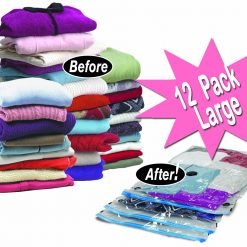 A stack of neatly folded clothes labeled "Before" is positioned next to a compressed stack in vacuum bags labeled "After." A pink starburst highlights "12 Pack Large - Vacuum Storage Bags, Twin Pack 50 x 60cm.