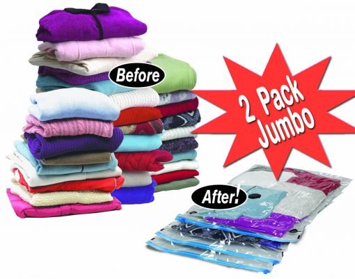 Two stacks of vibrant folded clothes are displayed, with the taller stack labeled "Before" and the compressed one sealed in vacuum bags labeled "After." A red starburst highlights "2 Pack Jumbo" for the Vacuum Storage Bags: Twin Pack 50 x 60cm.