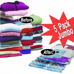 Two stacks of folded clothes: the left stack labeled "Before" with bulkier clothes, and the right stack labeled "After" with compressed clothes in vacuum-sealed bags. A starburst text reads "Twin Pack 50 x 60cm for Vacuum Storage Bags.