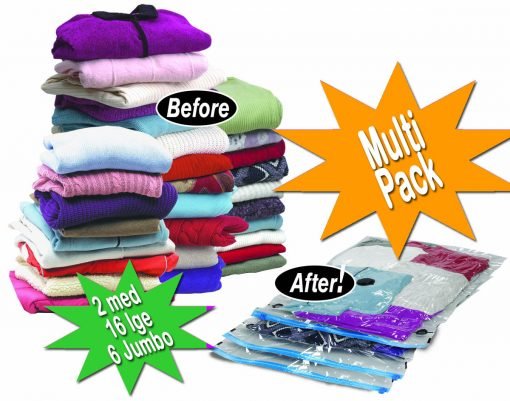 Stacks of folded clothes are depicted next to vacuum-sealed storage bags. A "Before" label is placed on the clothes, while an "After" label is on the bags. Text reads "Multi Pack" with "Vacuum Storage Bags 2 med, 16 lge, 6 Jumbo," highlighted in green bursts.