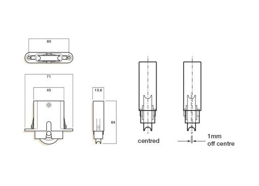 Technical diagram illustrating the dimensions of Screen Door Rollers, featuring side, top, and front views. Measurements are 60mm, 71mm, and 15.6mm, with annotations indicating centered alignment and an offset of 1mm.