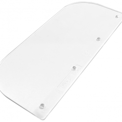 The Snib Guard is a clear rectangular plexiglass panel featuring four small holes, one in each corner, and a rounded top-right edge.