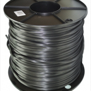 The 5mm Spline - 10m length is coiled neatly around a large, black cylindrical reel. The cable showcases a smooth, dark gray finish and is set against a plain white background.