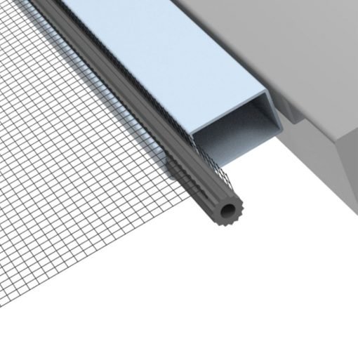 Close-up of a window screen installation with a metal frame. The image shows a mesh screen being fitted into a channel with the 5mm Spline - 10m length, ready to be secured in the frame.