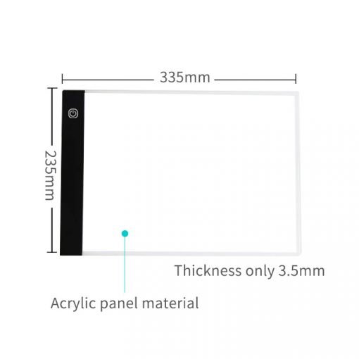 A diagram of the LED Tracing Board Light Box for 5d Diamond Painting, Crafts, Engineering or Kids is shown with labeled dimensions: 335mm width and 235mm height. The board has a thickness of 3.5mm and features a black strip along one side containing a power button icon.