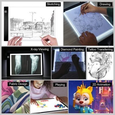 LED Tracing Board Many Uses A collage highlighting diverse applications of the LED Tracing Board Light Box: sketching, drawing, X-ray viewing, diamond painting, tattoo transferring, fabric design, playing, and 2D animation. Each image showcases a unique activity illuminated on the surface of the lightbox.