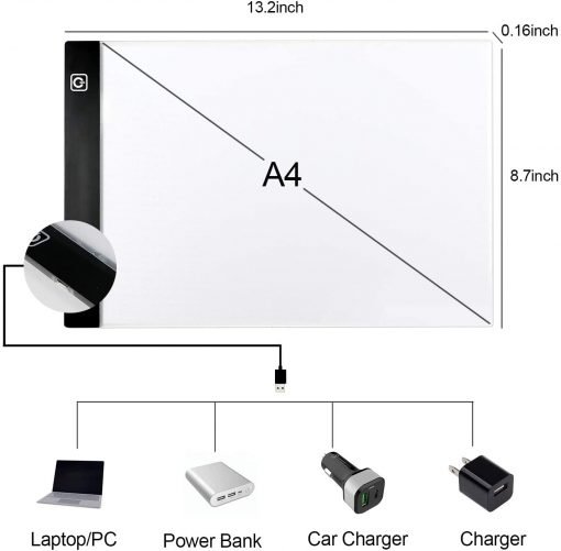 A diagram of the LED Tracing Board Light Box for 5d Diamond Painting, Crafts, Engineering or Kids is shown in an A4-sized thin rectangular form with dimensions of 13.2 x 8.7 x 0.16 inches, depicting USB connectivity to different power sources such as a laptop/PC, power bank, car charger, and wall charger.