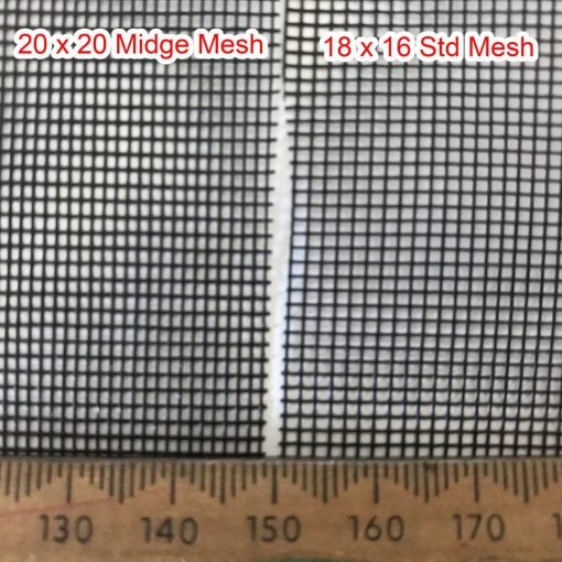 A close-up image showcases two mesh screens labeled "Midge Mesh by the Metre - 1220mm" and "18 x 16 Std Mesh" above. At the bottom, a ruler displays measurement increments, highlighting that the Midge Mesh appears tighter and denser than the standard mesh.