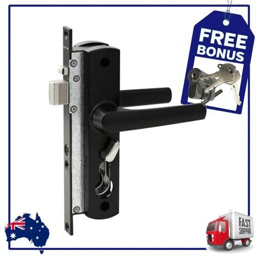 The Whitco Tasman Mk2 Hinged Security Screen Door Lock in black is showcased against a white background. A tag labeled "Free Bonus" features two keys, while icons of a shipping truck and the Australian flag in the corners signify fast shipping and an Australian location.