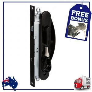 Image showcasing the Whitco Leichhardt Sliding Security Screen Door Lock in black and silver, displayed vertically. A blue tag labeled "Free Bonus" featuring an image of a set of keys is visible. Icons of an Australian flag and a fast shipping truck are located in the bottom corners.