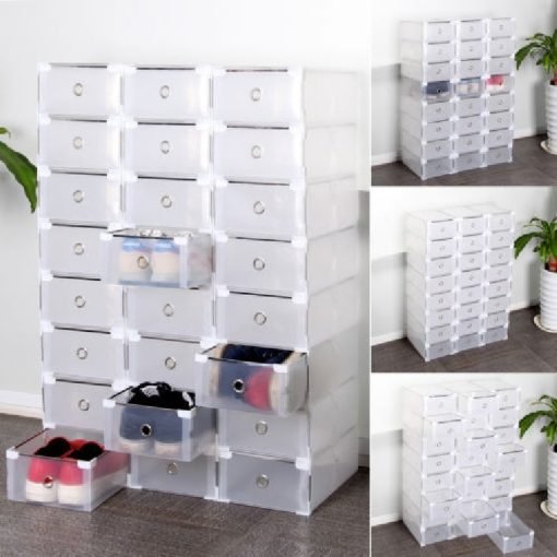 A large stack of translucent plastic shoe storage boxes, each with a circular handle, fills most of the image. Some individual boxes are pulled out, showing various pairs of shoes inside. To the right, images show different configurations of the same boxes.