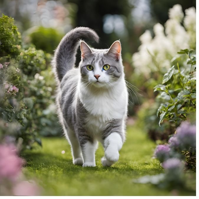 A gray and white cat with green eyes walks confidently on a grassy path surrounded by blooming flowers and lush greenery. The cat's tail is upright, and the sunlight highlights its fur, creating a serene and picturesque garden scene.