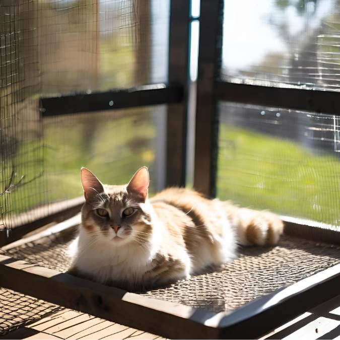 A fluffy cat with light brown and white fur lies comfortably on a mesh platform inside a sunny, enclosed patio. The background shows greenery blurred by sunlight filtering through the enclosure wiring.