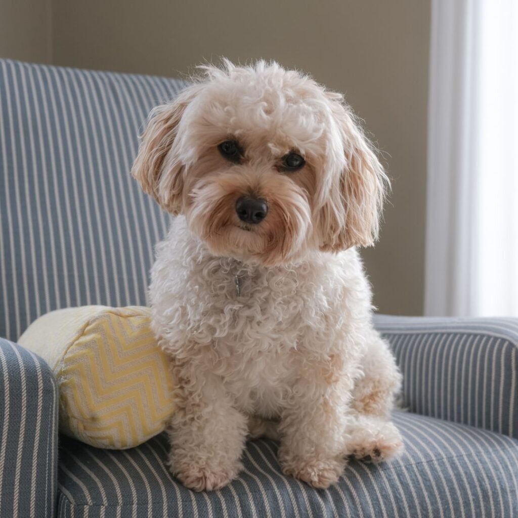 Fluffy white dog sitting on a blue and white striped chair next to a small yellow pillow. The dog has curly fur and is looking directly at the camera. The background is softly lit with a neutral wall and a glimpse of a window.