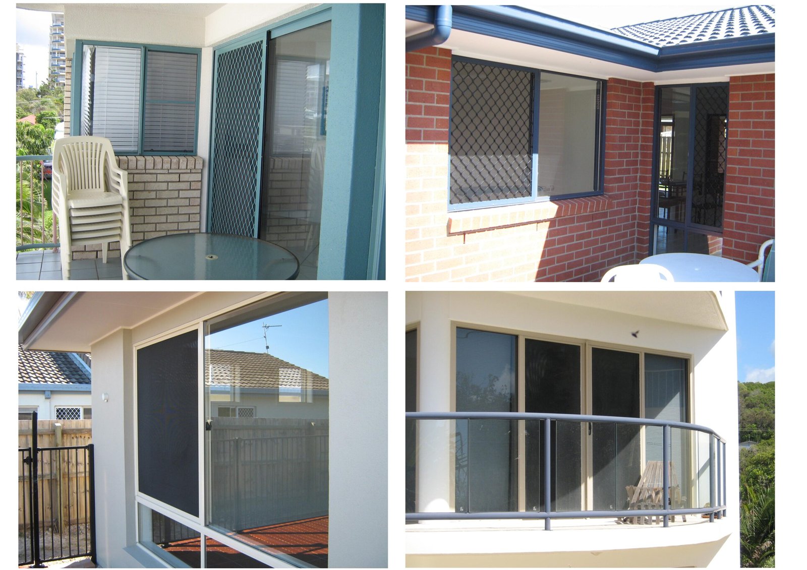 Collage of four images showing different modern house windows and doors: a sliding door with a white chair, a brick wall window with a white railing, sliding windows with screens, and a circular balcony with a metal railing.