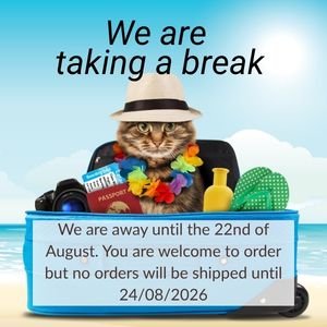 A cat wearing a hat and lei sits in an open suitcase with travel items. Text says no orders will be shipped until 24/08/2026 due to a break starting August 22nd.